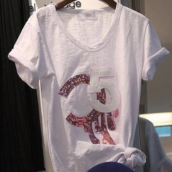 White And Pink Relaxed Fit Cotton Sequin Tee - Picture 3 of 6